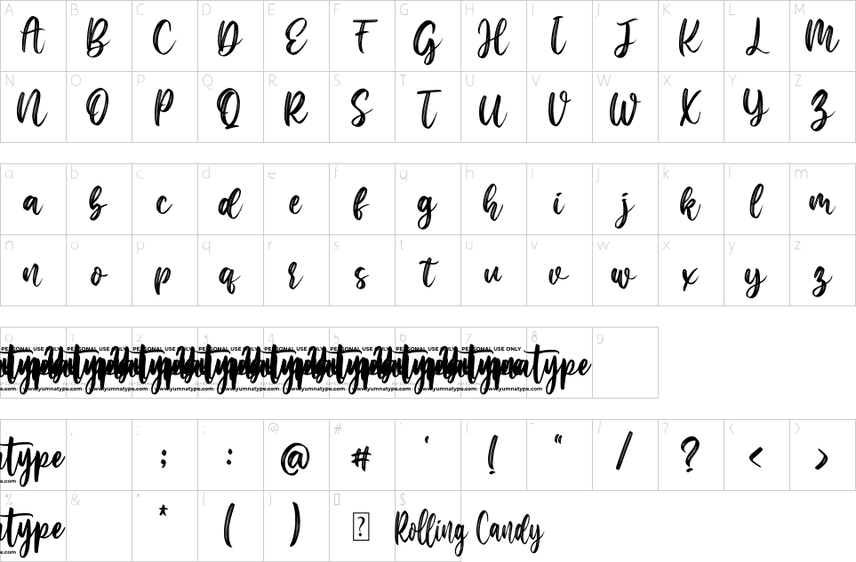 Mapa de caracteres da fonte Rolling Candy Font
