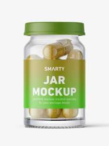 Small jar with herbal capsules mockup