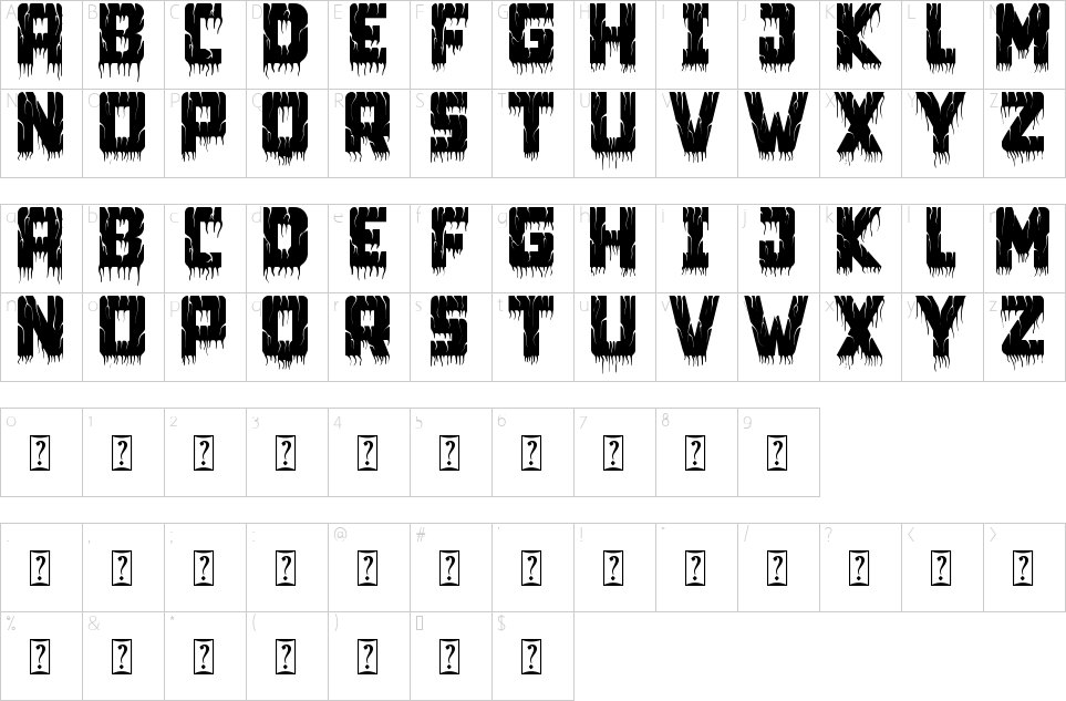 Mapa de caracteres da fonte Spooky Grave Font