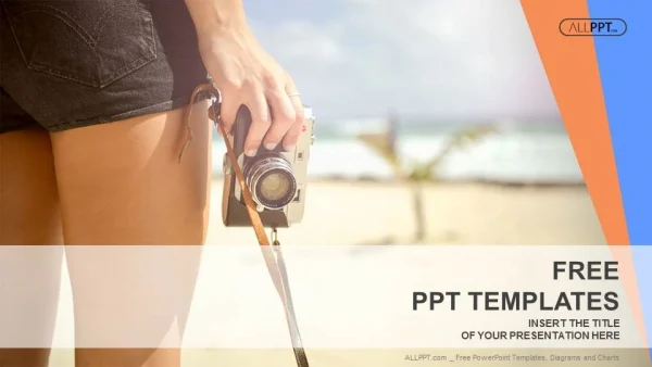 Sporty woman with old photo camera standing on the beach PowerPoint Templates