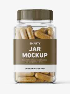 Square jar with herbal capsules mockup