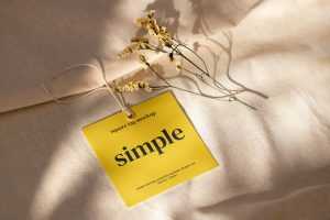 Square label tag on linen background mockup