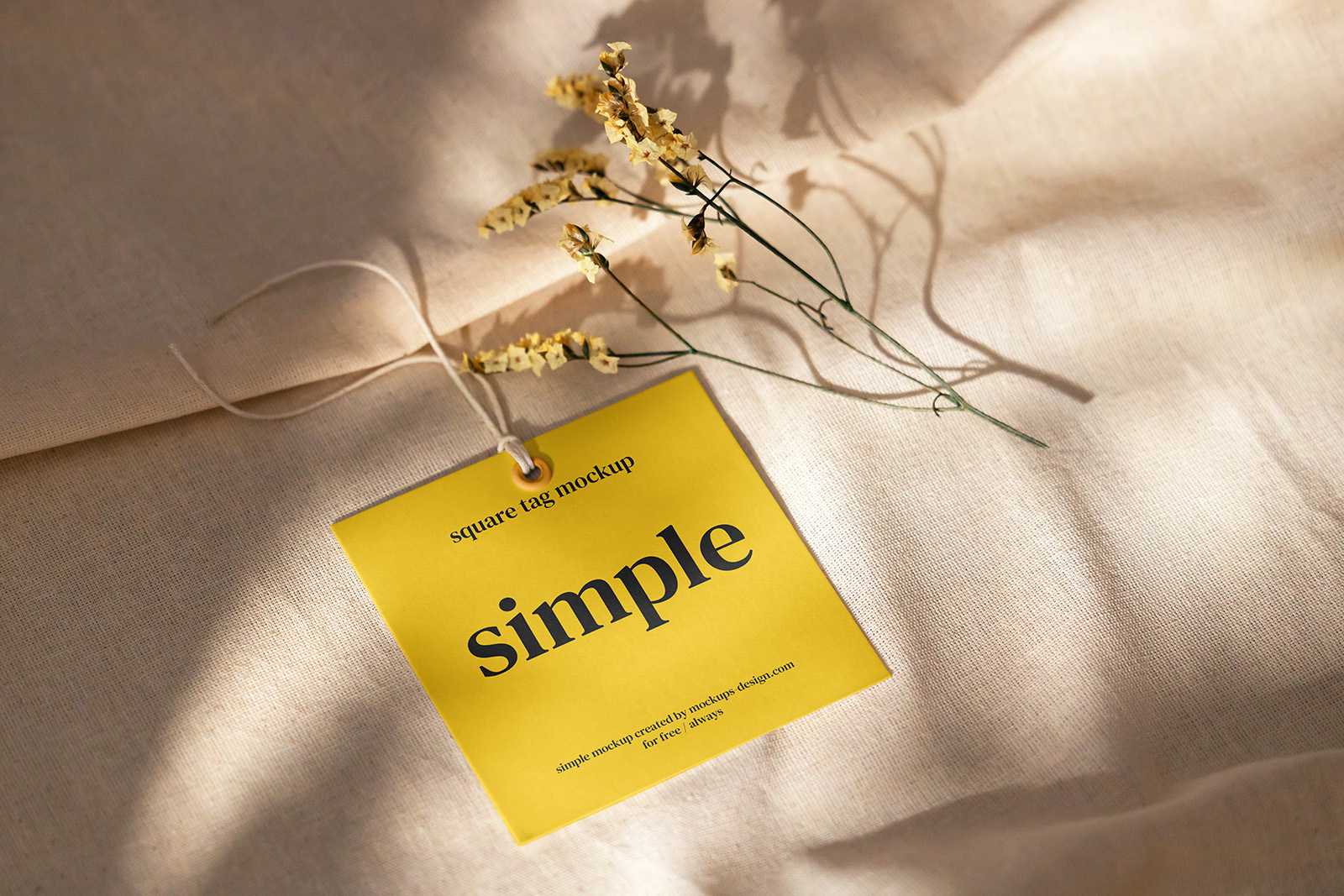 Square label tag on linen background mockup
