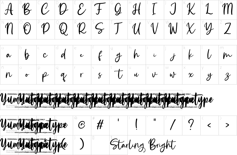 Mapa de caracteres da fonte Starling Bright Font