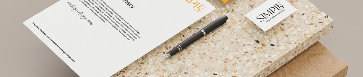 Stationery with wood and stone tiles mockup