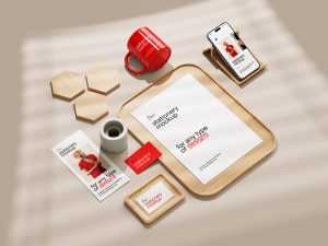 Stationery with wood elements mockup