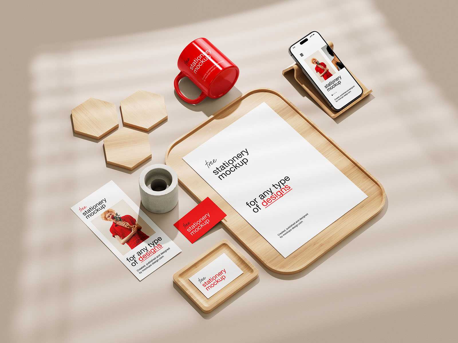 Stationery with wood elements mockup