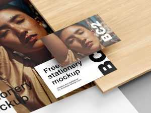 Stationery with wood elements mockup