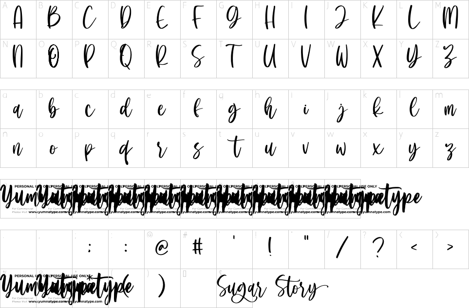 Mapa de caracteres da fonte Sugar Story Font