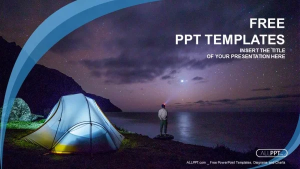 The man stand at tent and looking at the sunset PowerPoint Templates