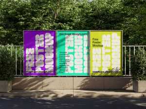 Three posters on fence mockup - Instant Download