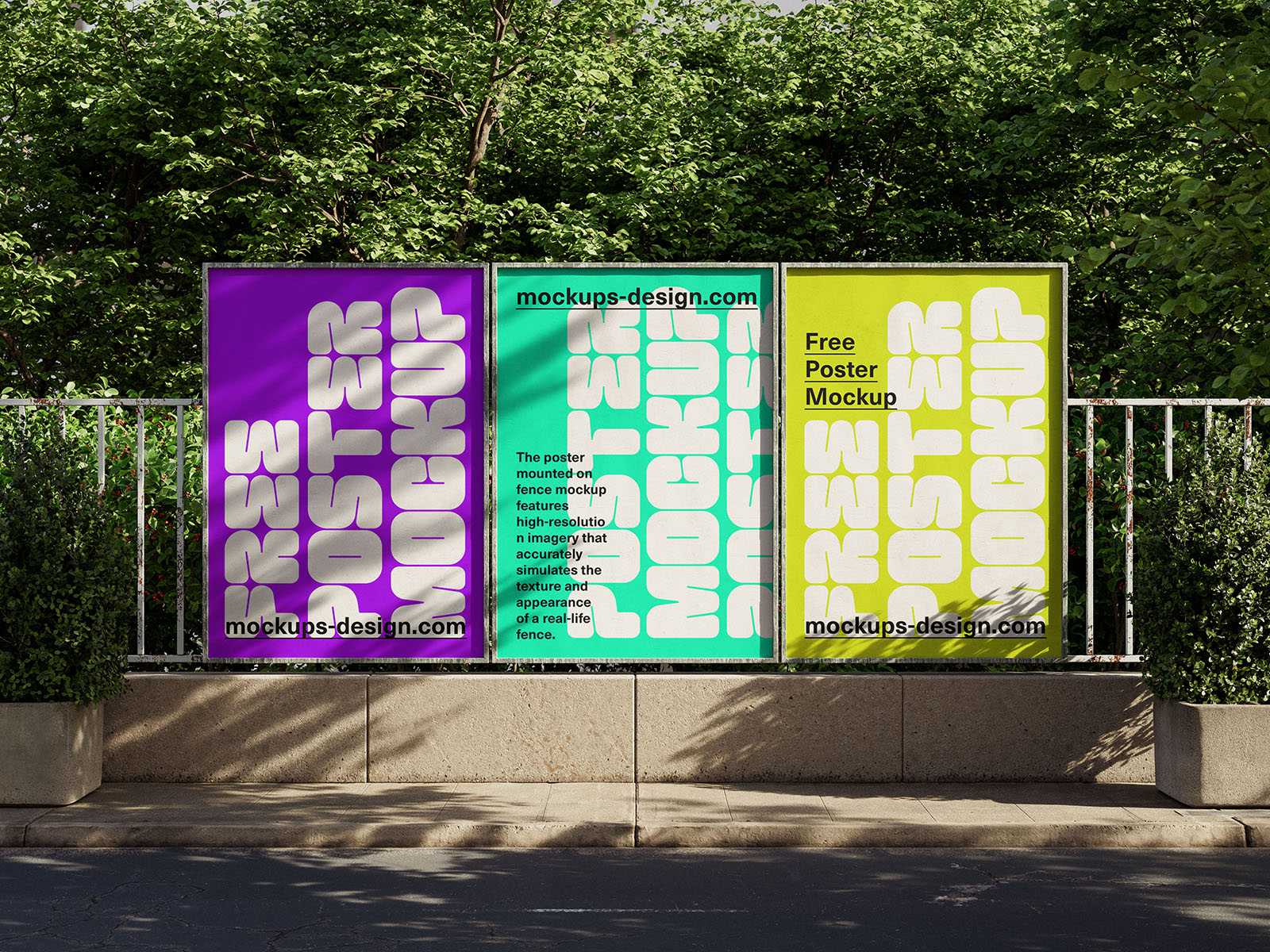 Three posters on fence mockup - Instant Download