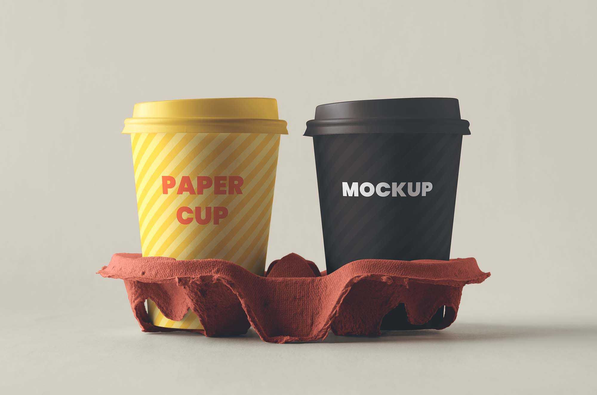 Two Paper Coffee Cups With Holder Mockup (PSD)