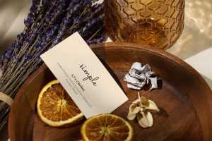 US business card in wooden bowl mockup