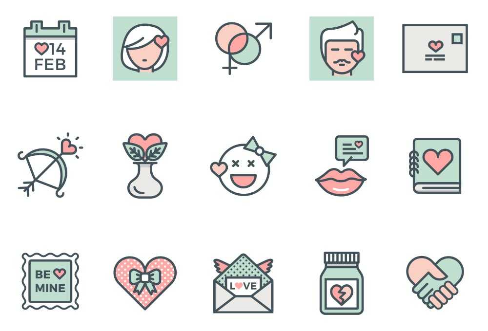 Valentine's Day Flat Line Icons
