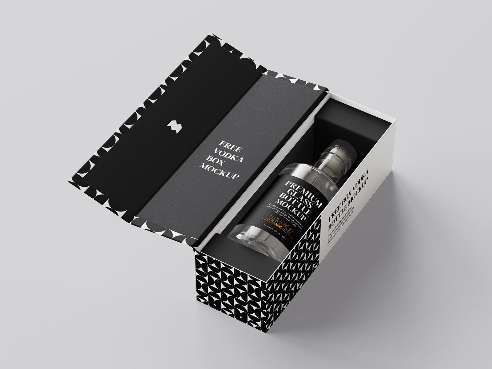 Vodka bottle in box mockup