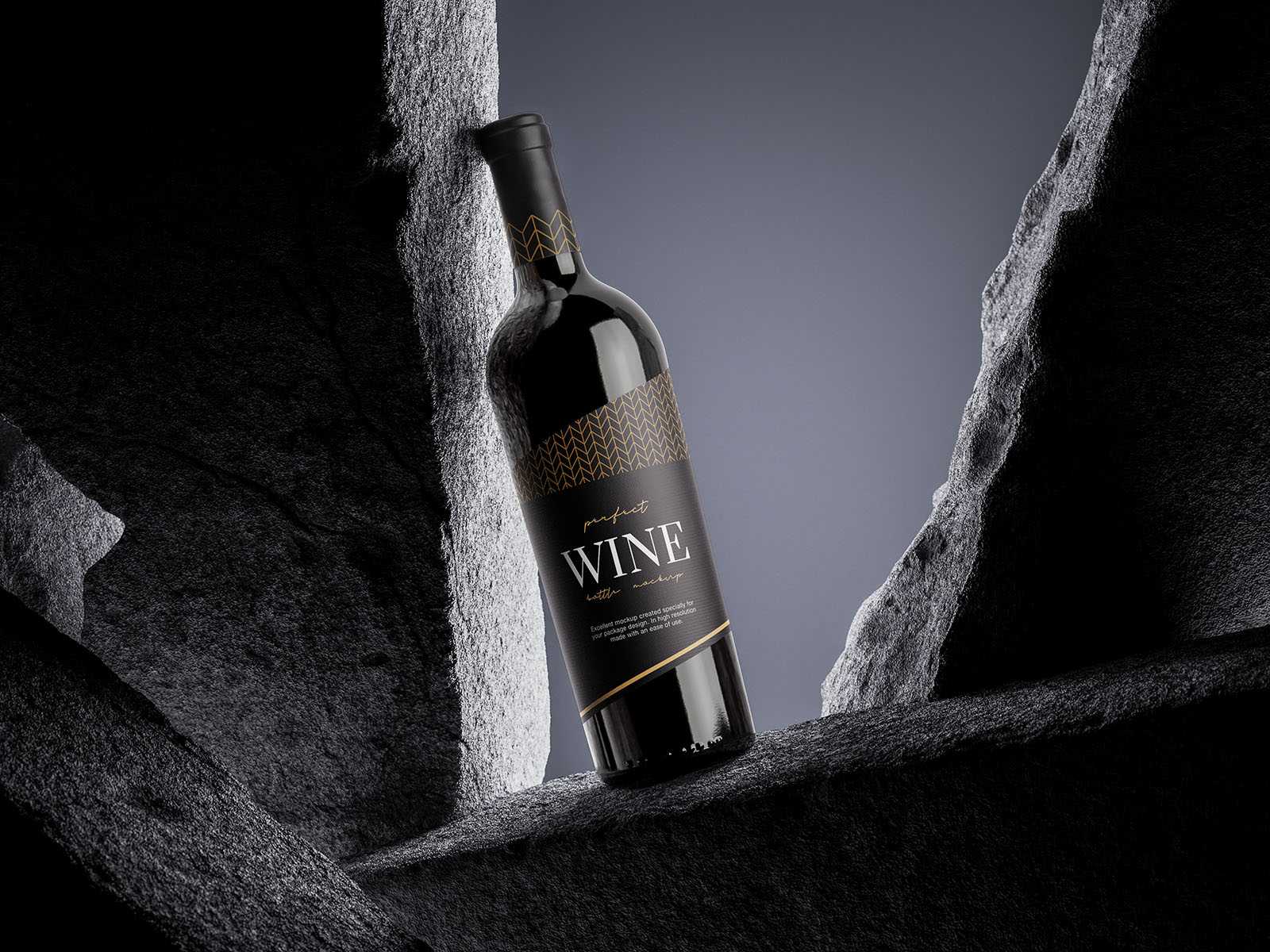 Wine bottle on the rock mockup