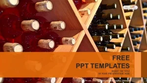 wine bottles stacked on wooden racks PowerPoint Templates