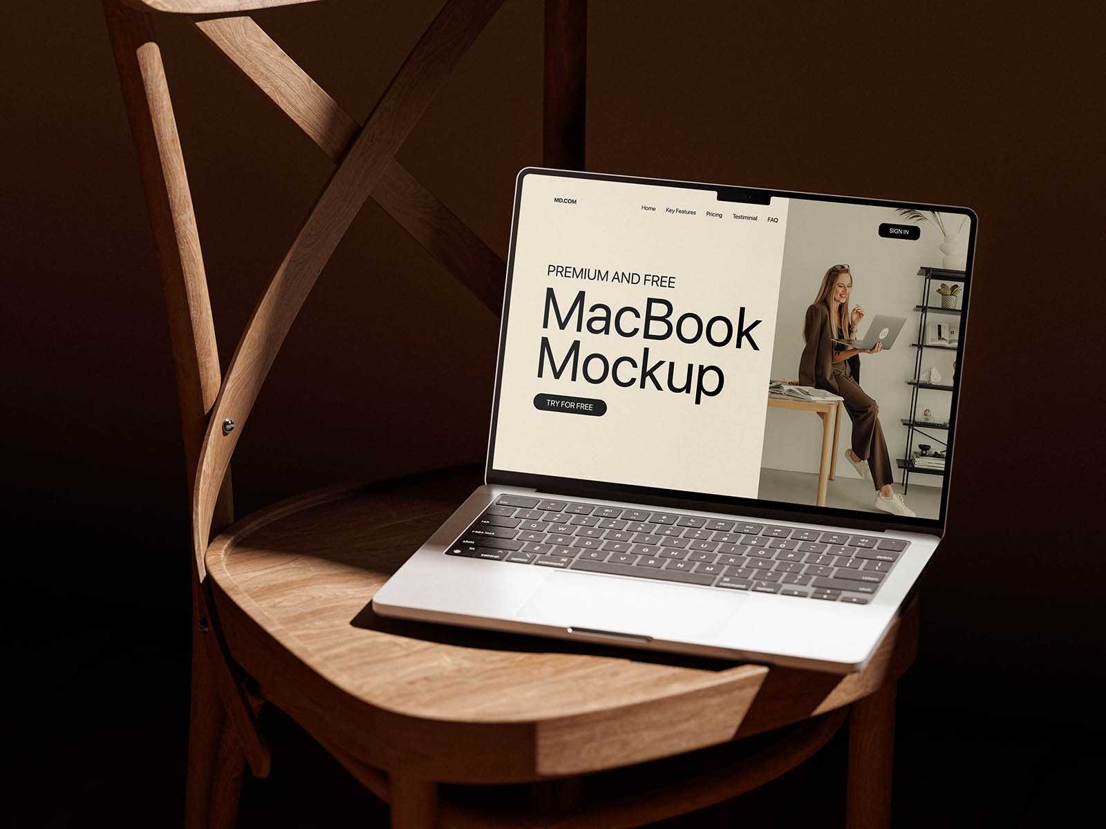 Wooden chair MacBook mockup