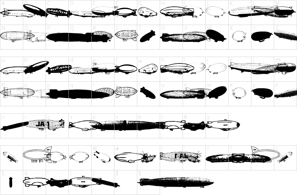 Mapa de caracteres da fonte Xeppelin Font
