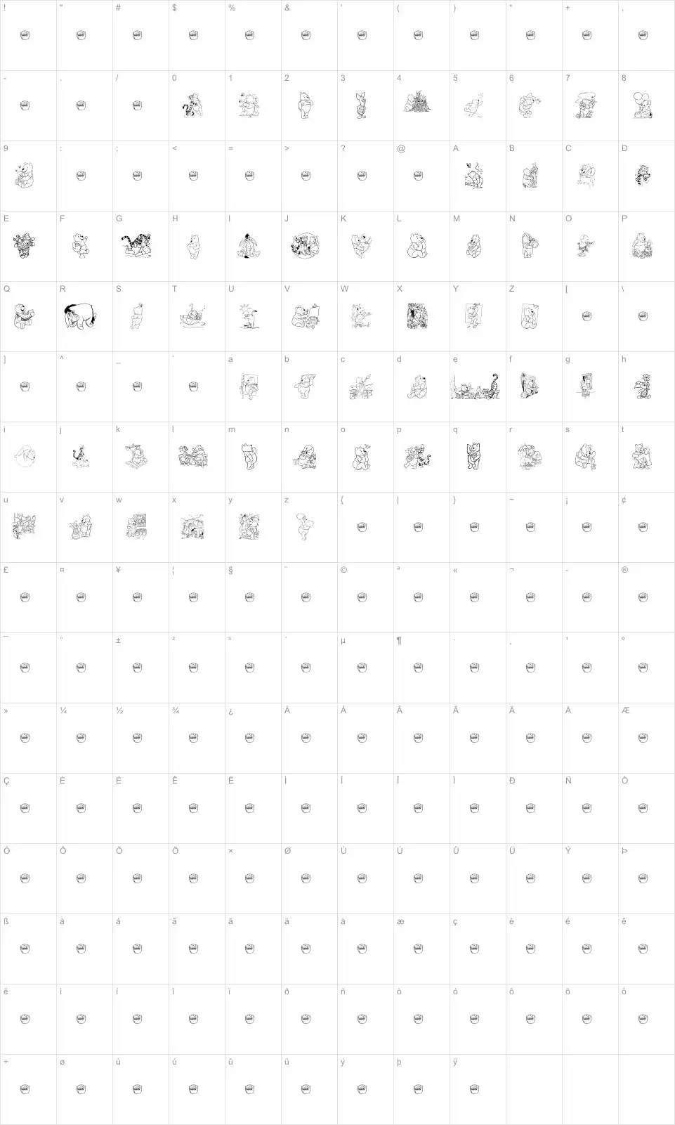 Mapa de caracteres da fonte 001 Disney's Pooh1