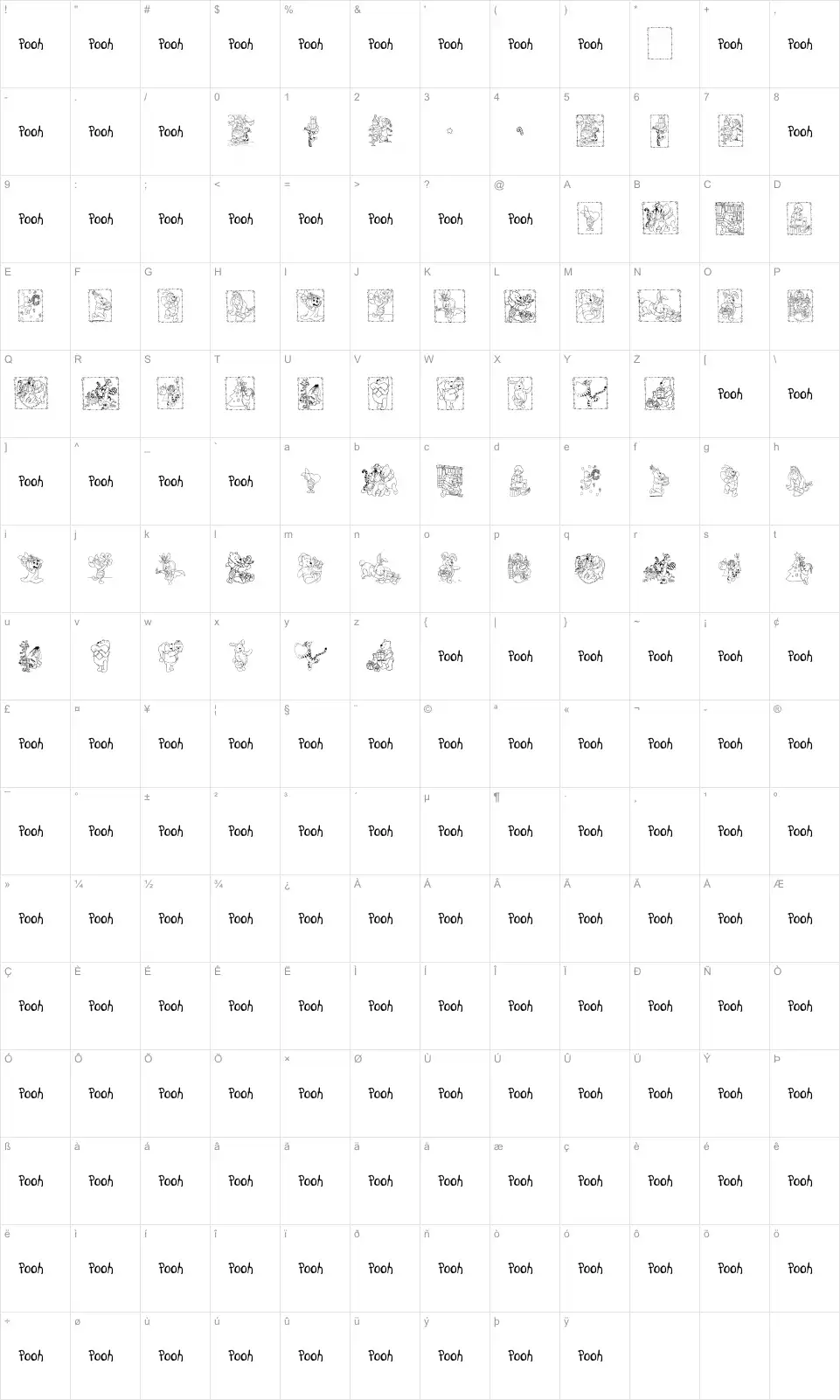Mapa de caracteres da fonte 001 Pooh Holiday Dings