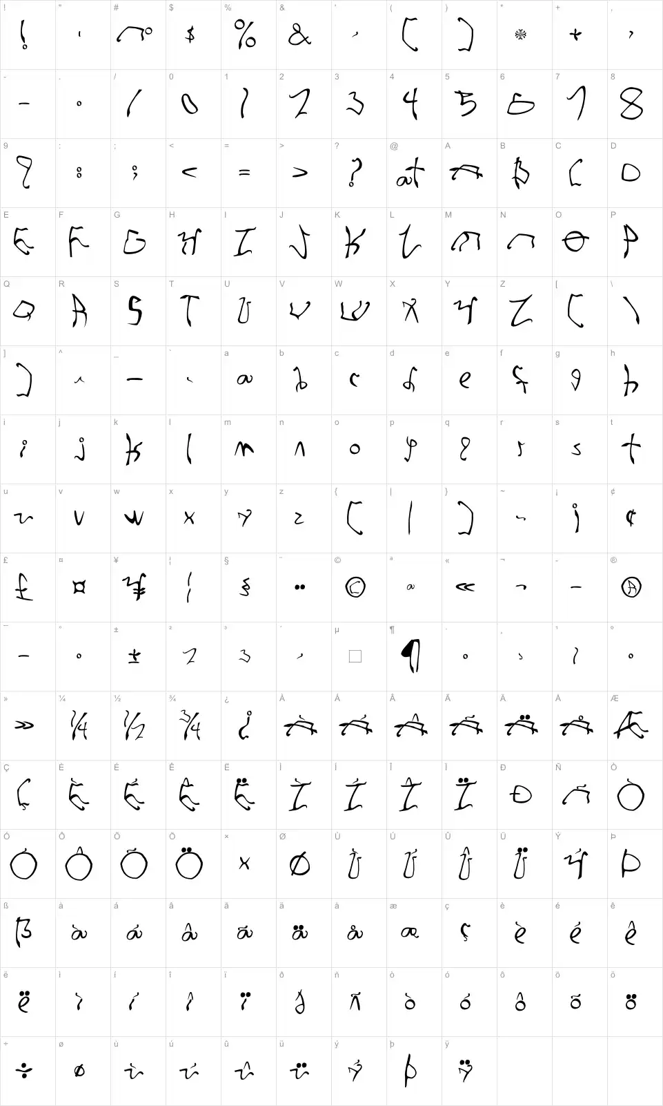 Mapa de caracteres da fonte 001 Stretched-Strung