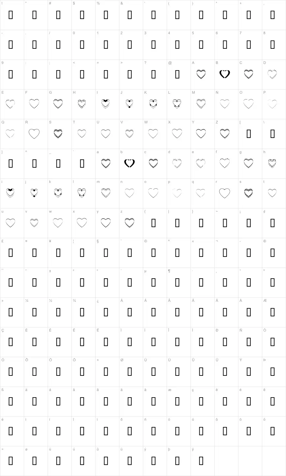 Mapa de caracteres da fonte 4YEOhearts
