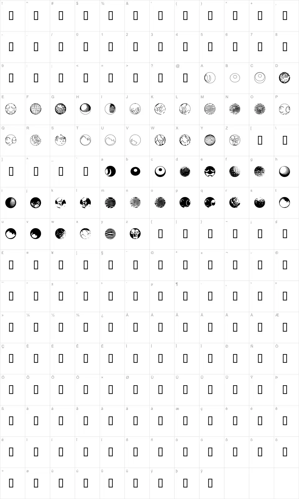 Mapa de caracteres da fonte 52 Sphereoids