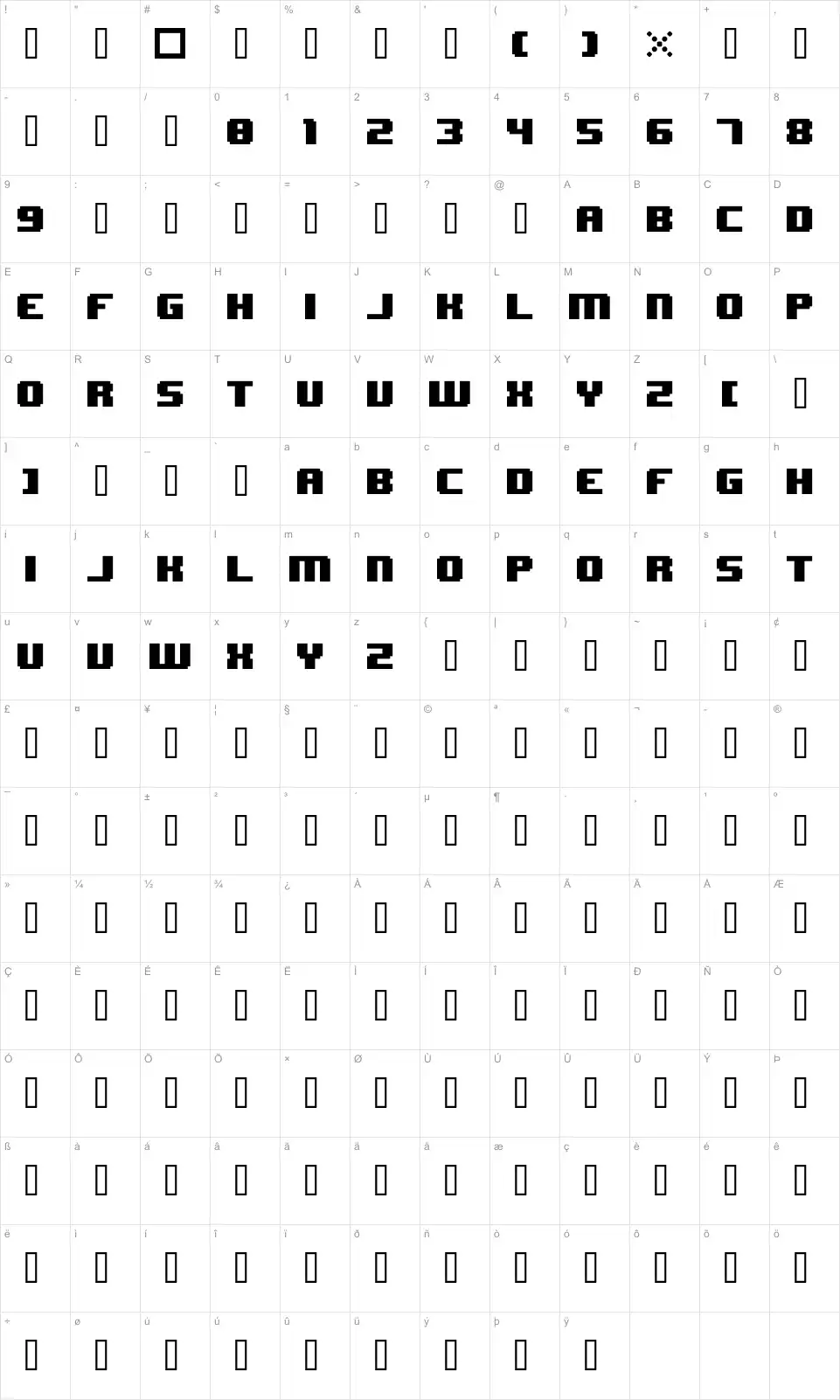 Mapa de caracteres da fonte 8 Bit Wonder
