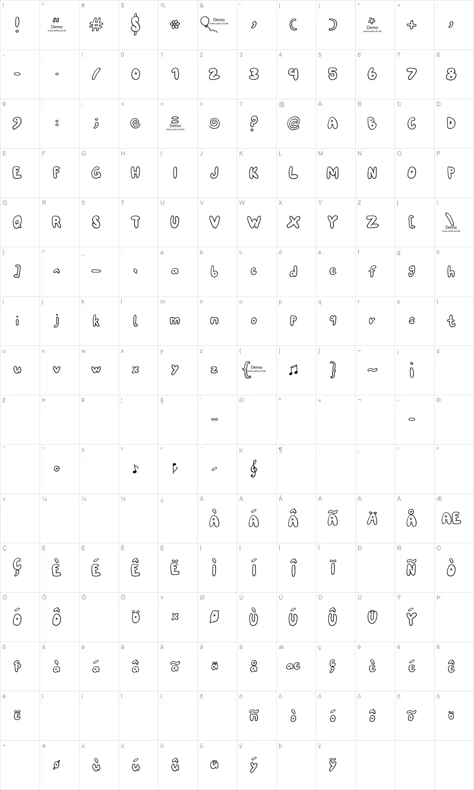 Mapa de caracteres da fonte 80er Teenie Demo