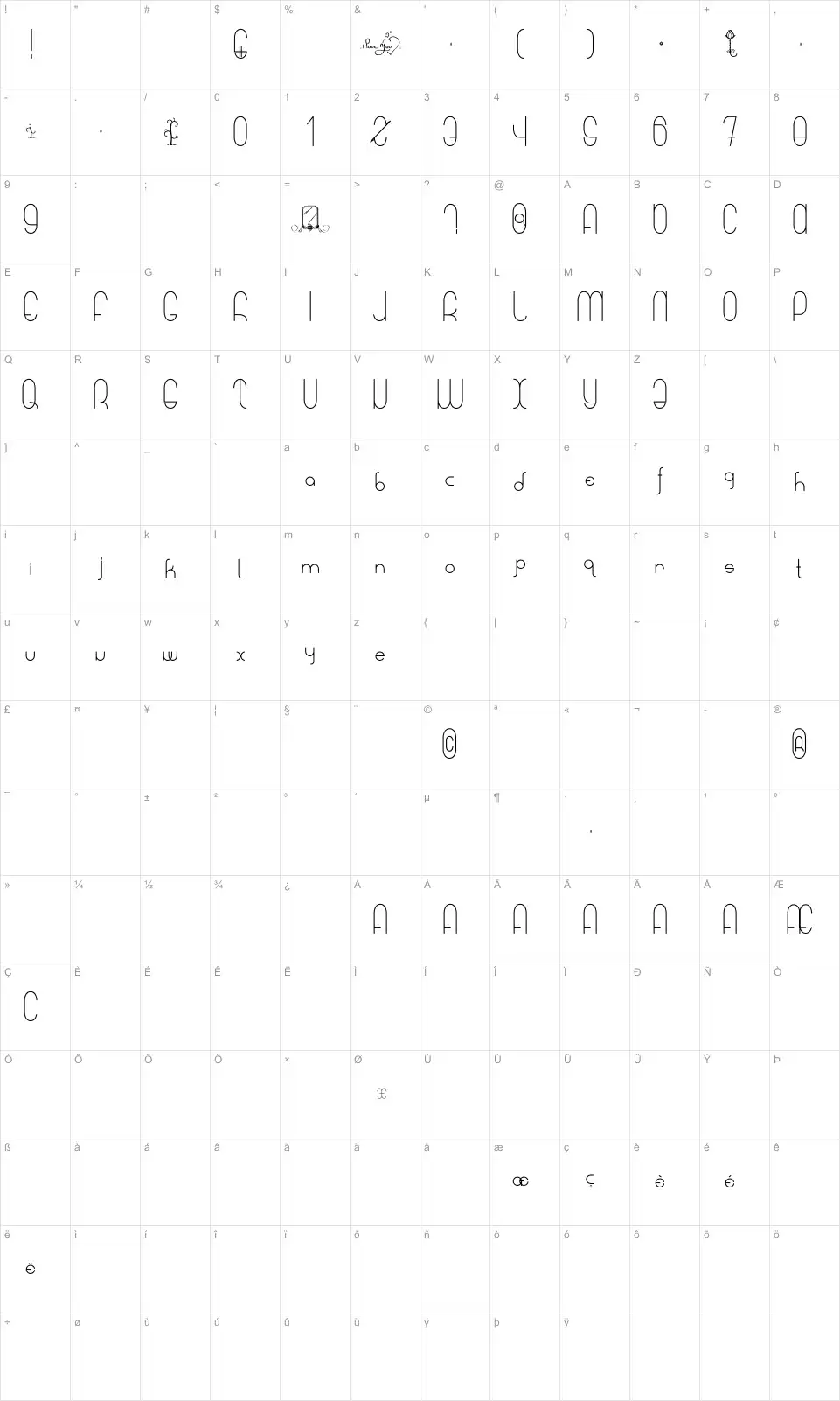 Mapa de caracteres da fonte A Sweet Melody My Lady