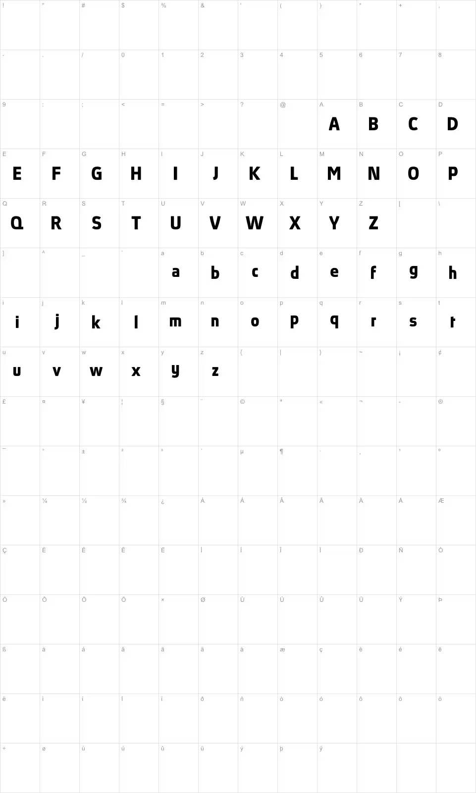 Mapa de caracteres da fonte Absolut Pro Bold reduced