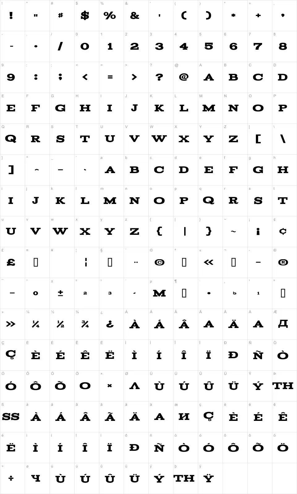 Mapa de caracteres da fonte Acknowledgement