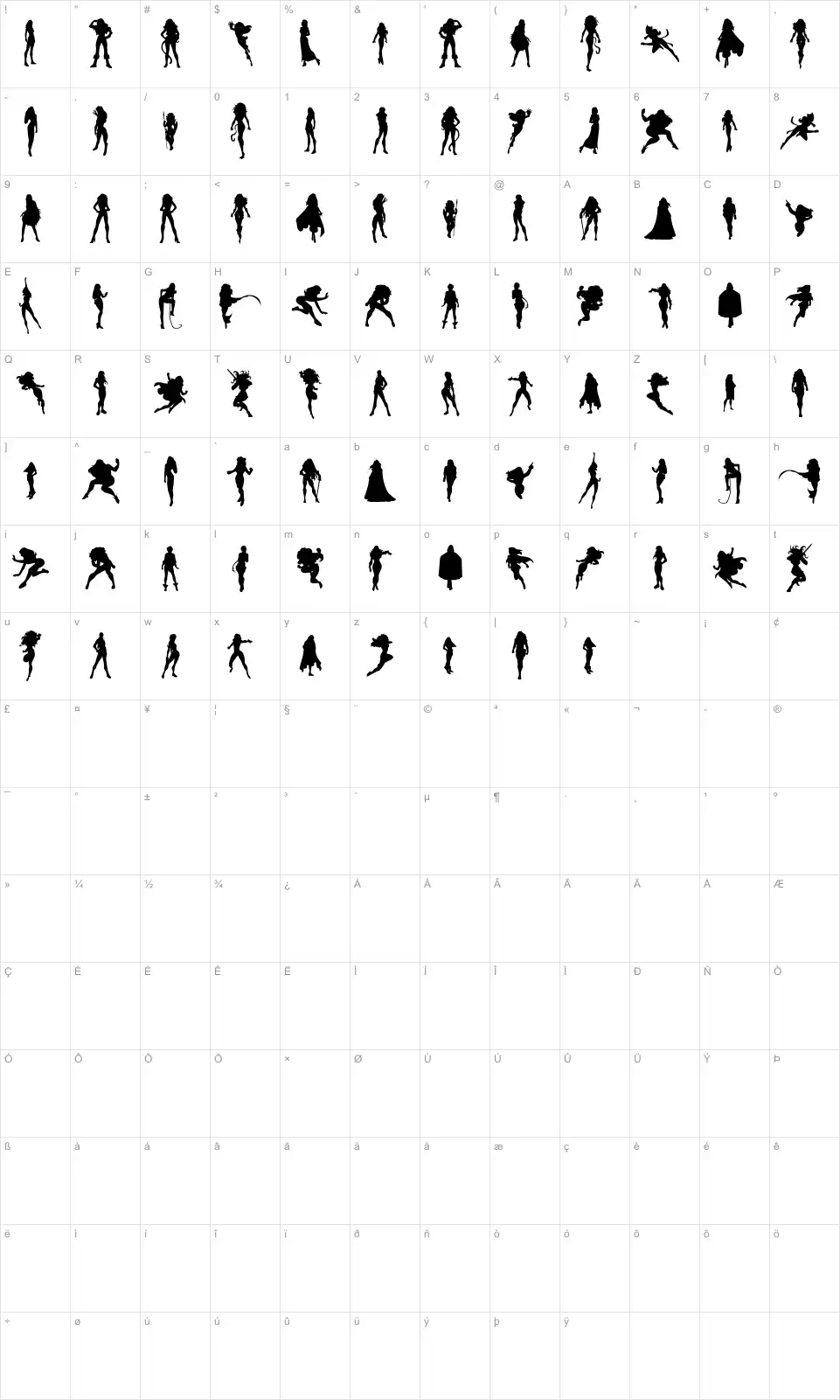 Mapa de caracteres da fonte Action Women