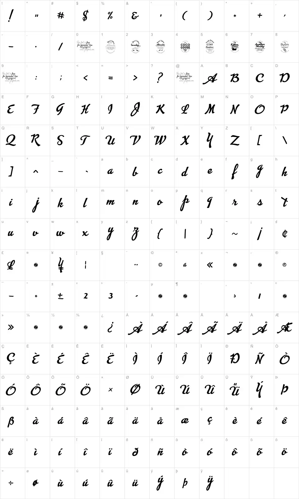 Mapa de caracteres da fonte Advertising Script