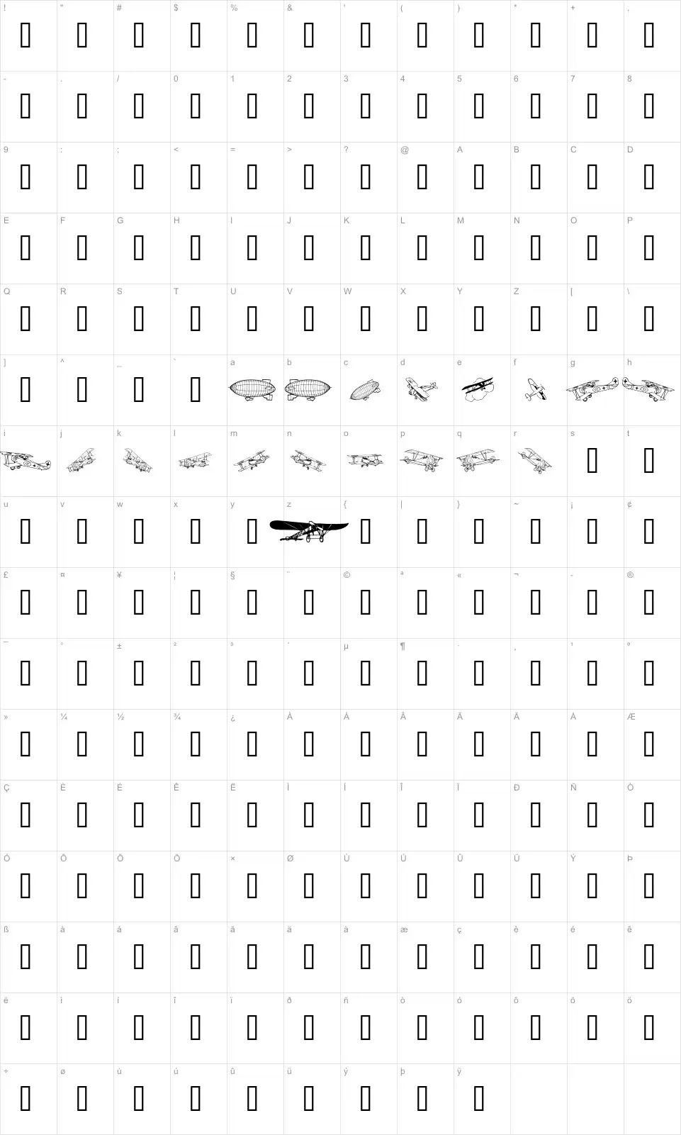 Mapa de caracteres da fonte Aeroplanes