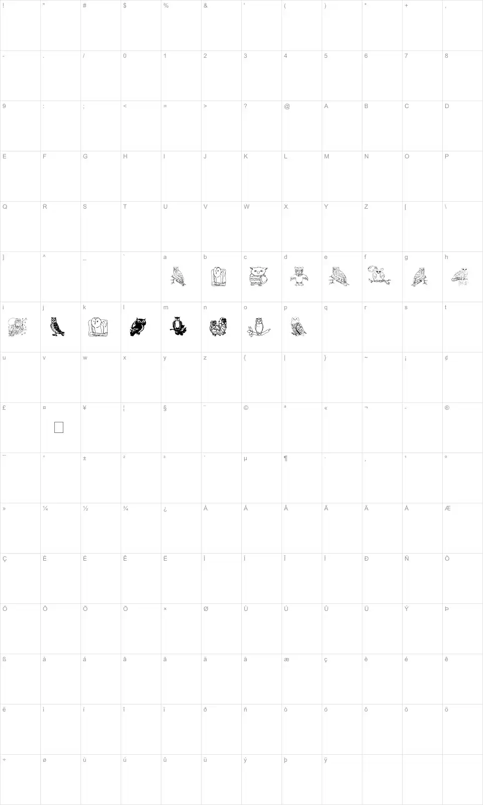 Mapa de caracteres da fonte AEZ Owls for Traci