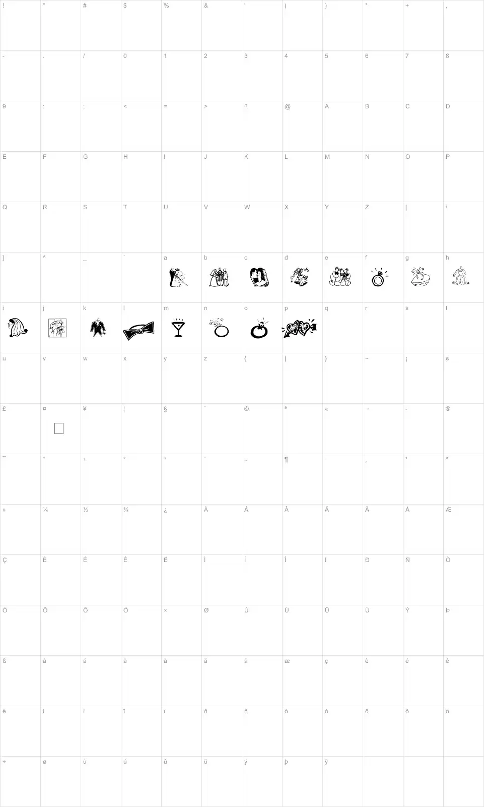 Mapa de caracteres da fonte AEZ Wedding Dings