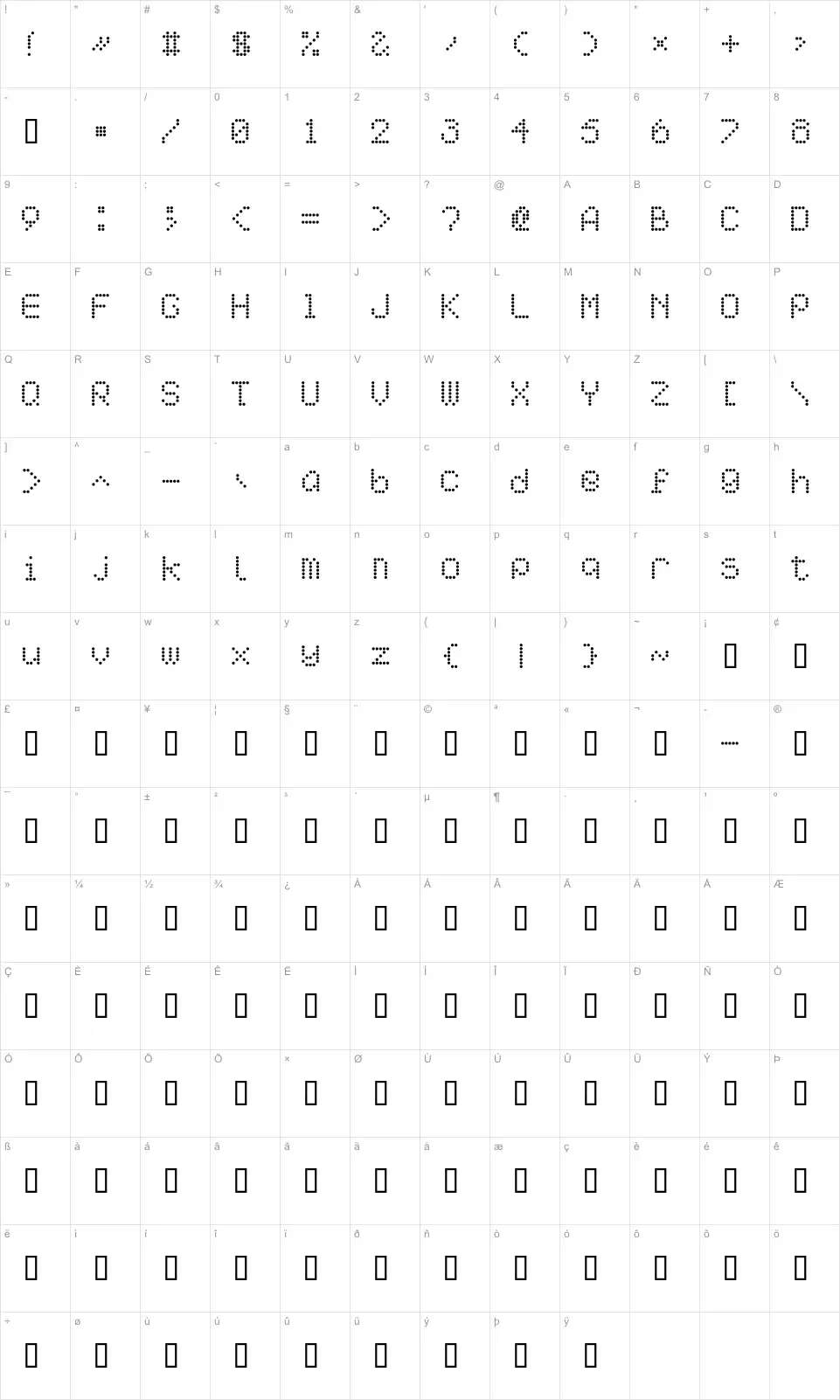Mapa de caracteres da fonte AI pointe