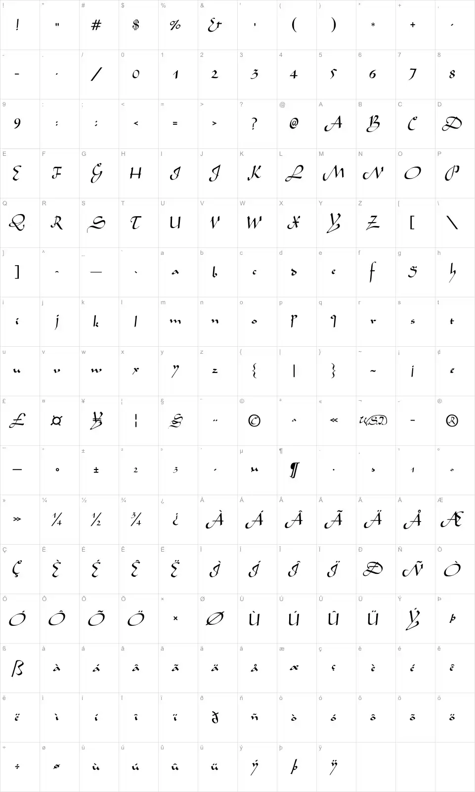 Mapa de caracteres da fonte Aladdin