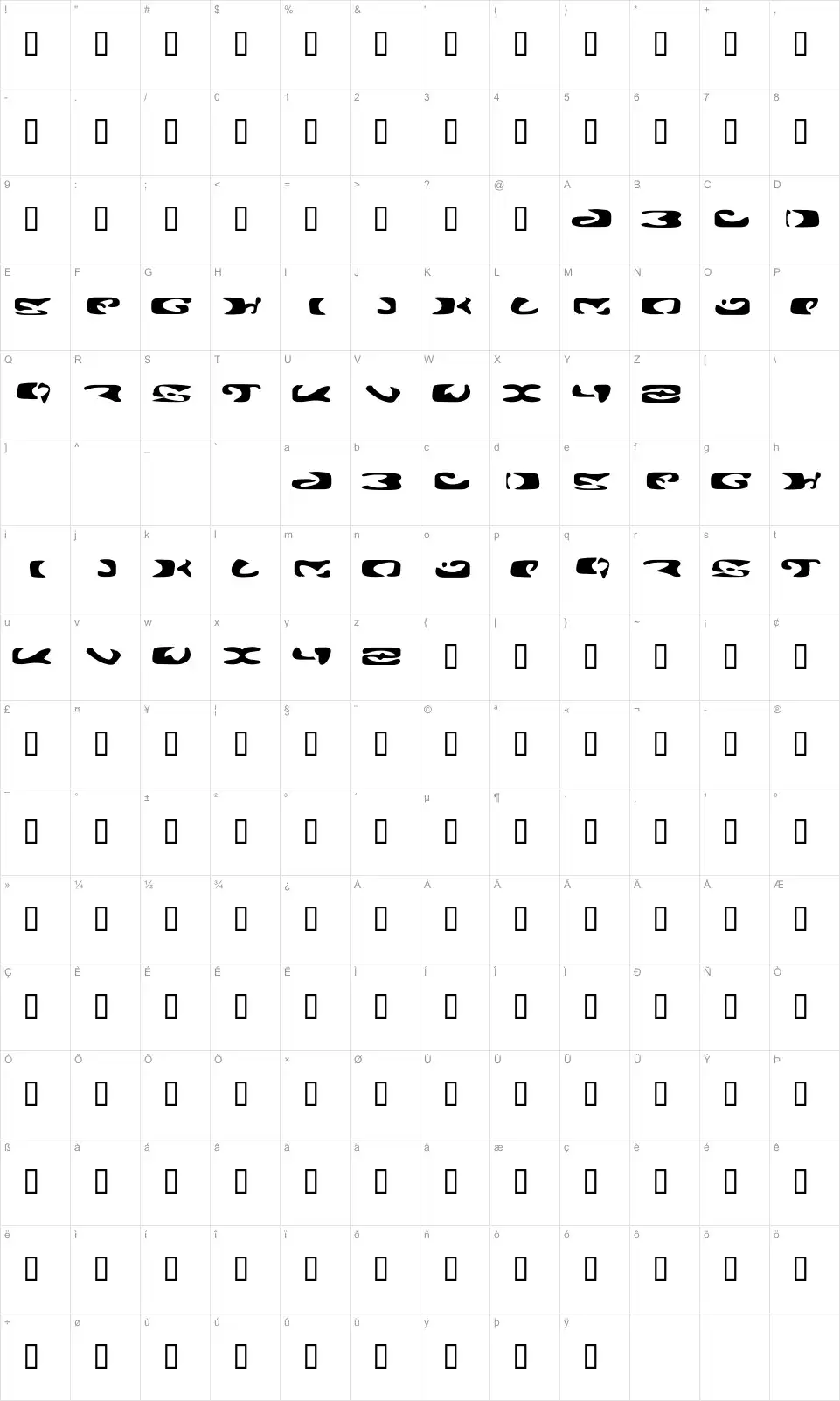 Mapa de caracteres da fonte Alien Ghost 2