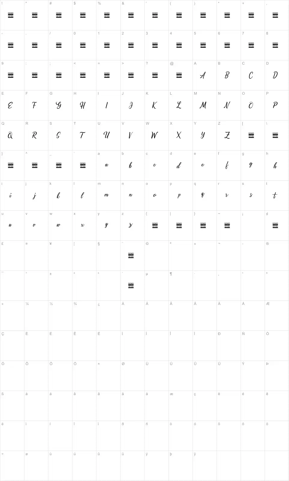 Mapa de caracteres da fonte Alishader