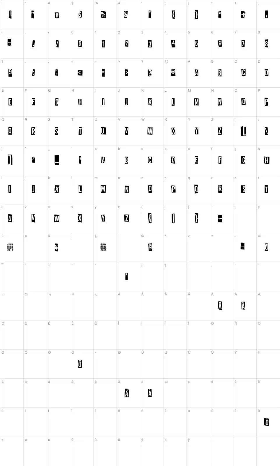 Mapa de caracteres da fonte All Rights Reserved