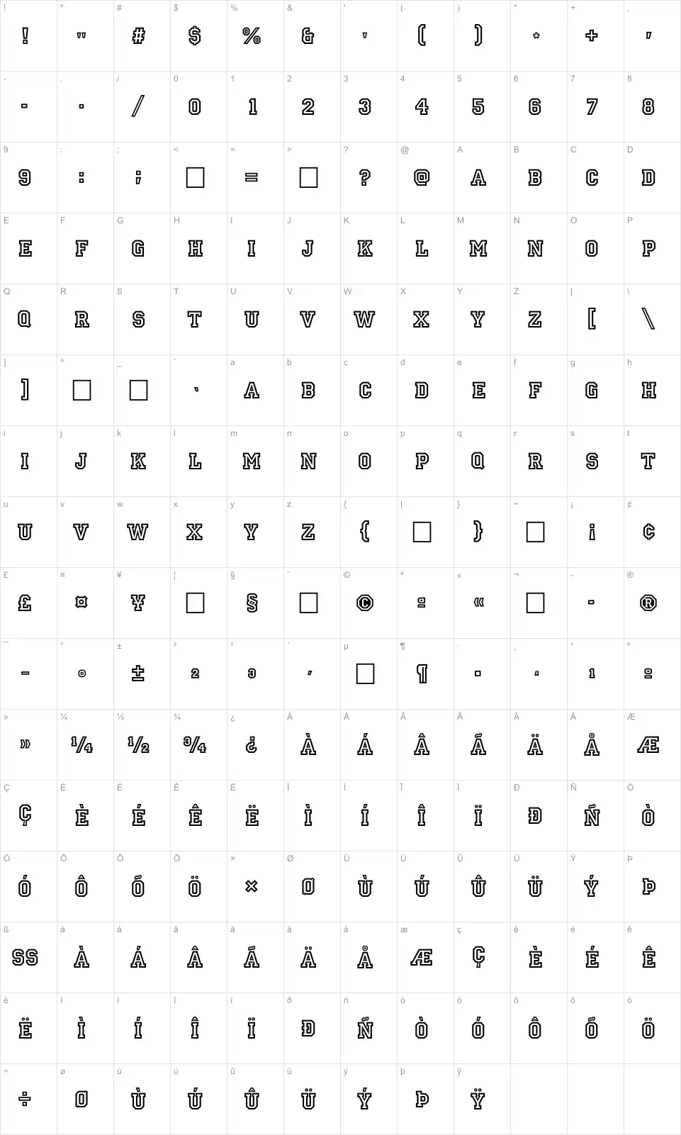 Mapa de caracteres da fonte Allstar