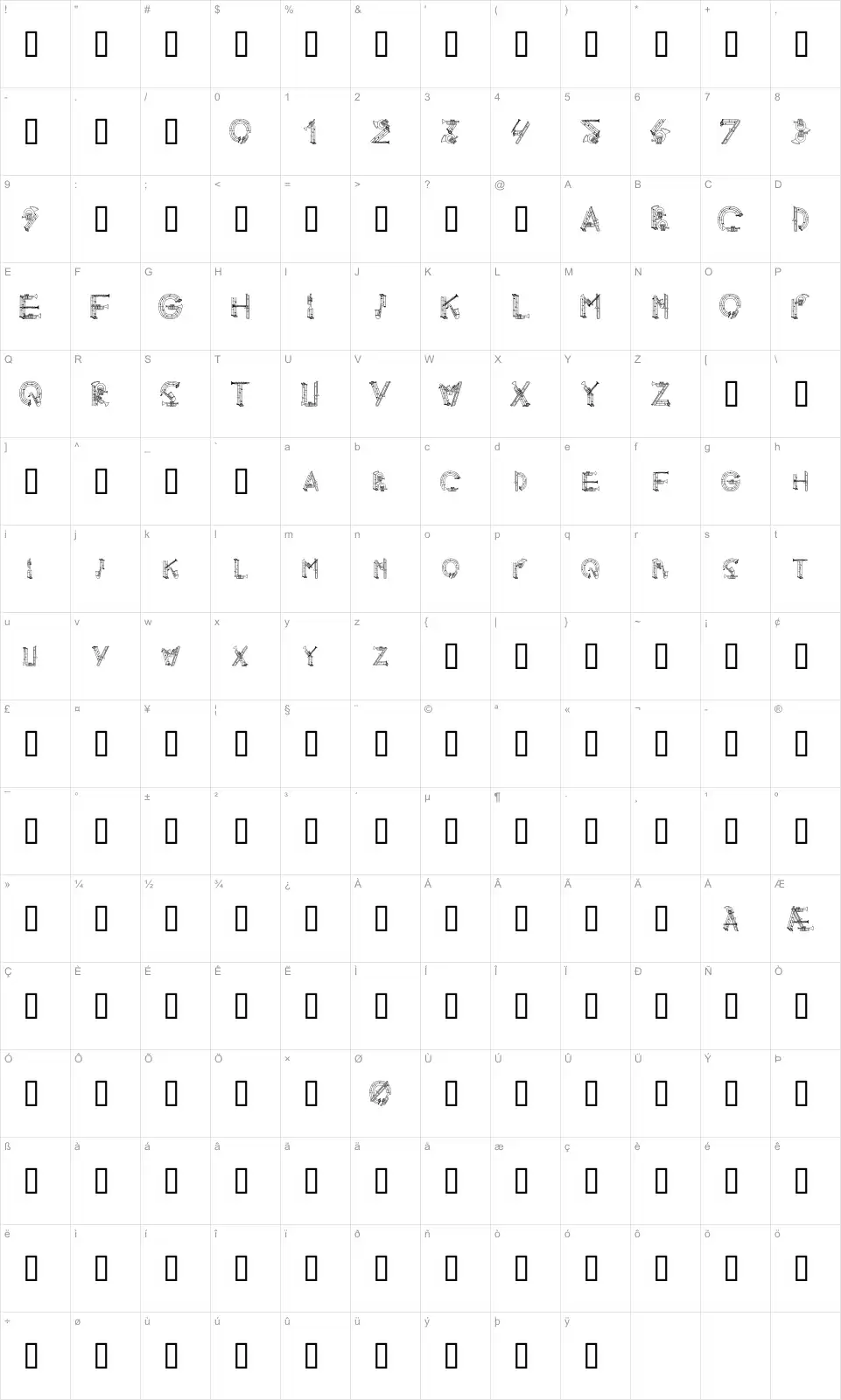 Mapa de caracteres da fonte Alpha Music Man