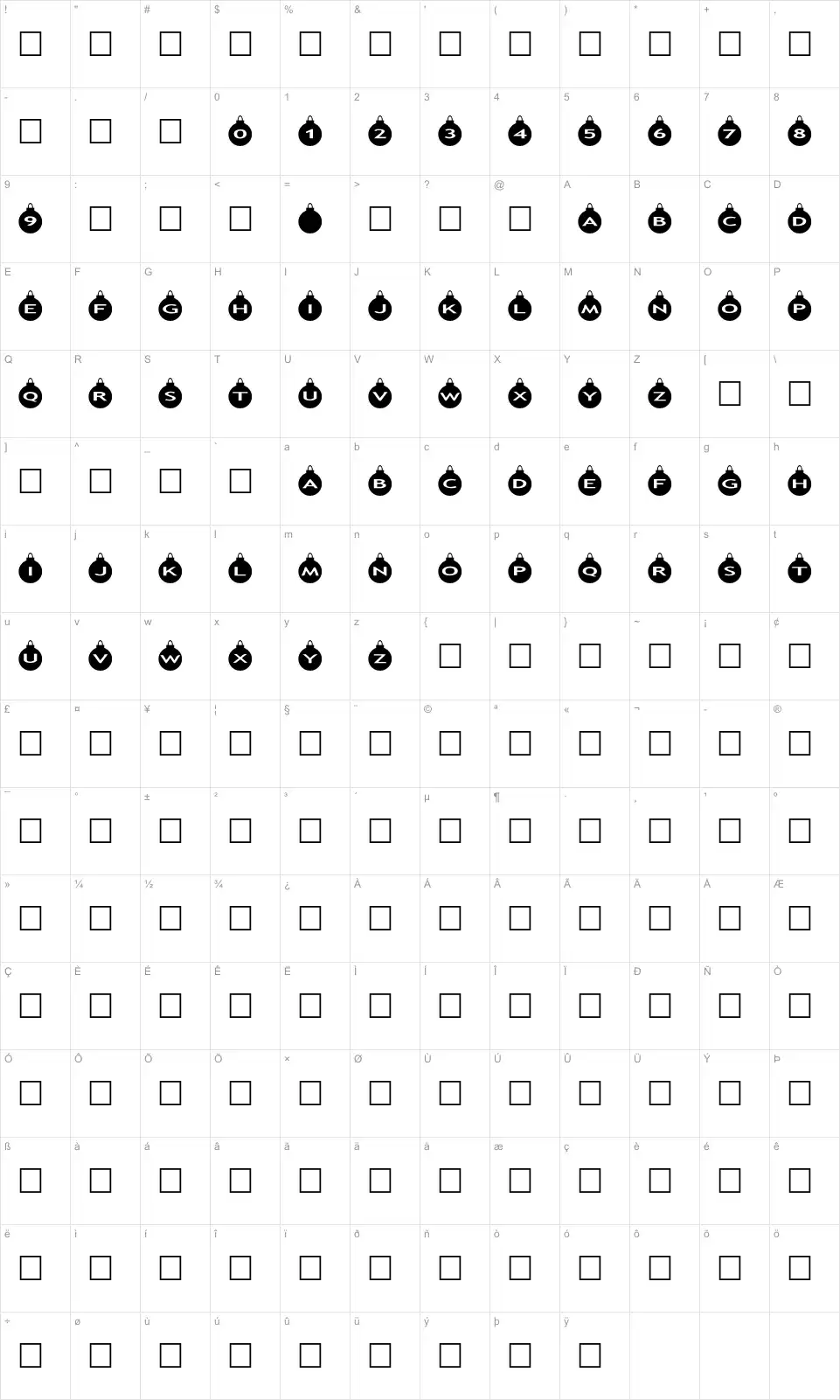 Mapa de caracteres da fonte AlphaShapes xmas balls