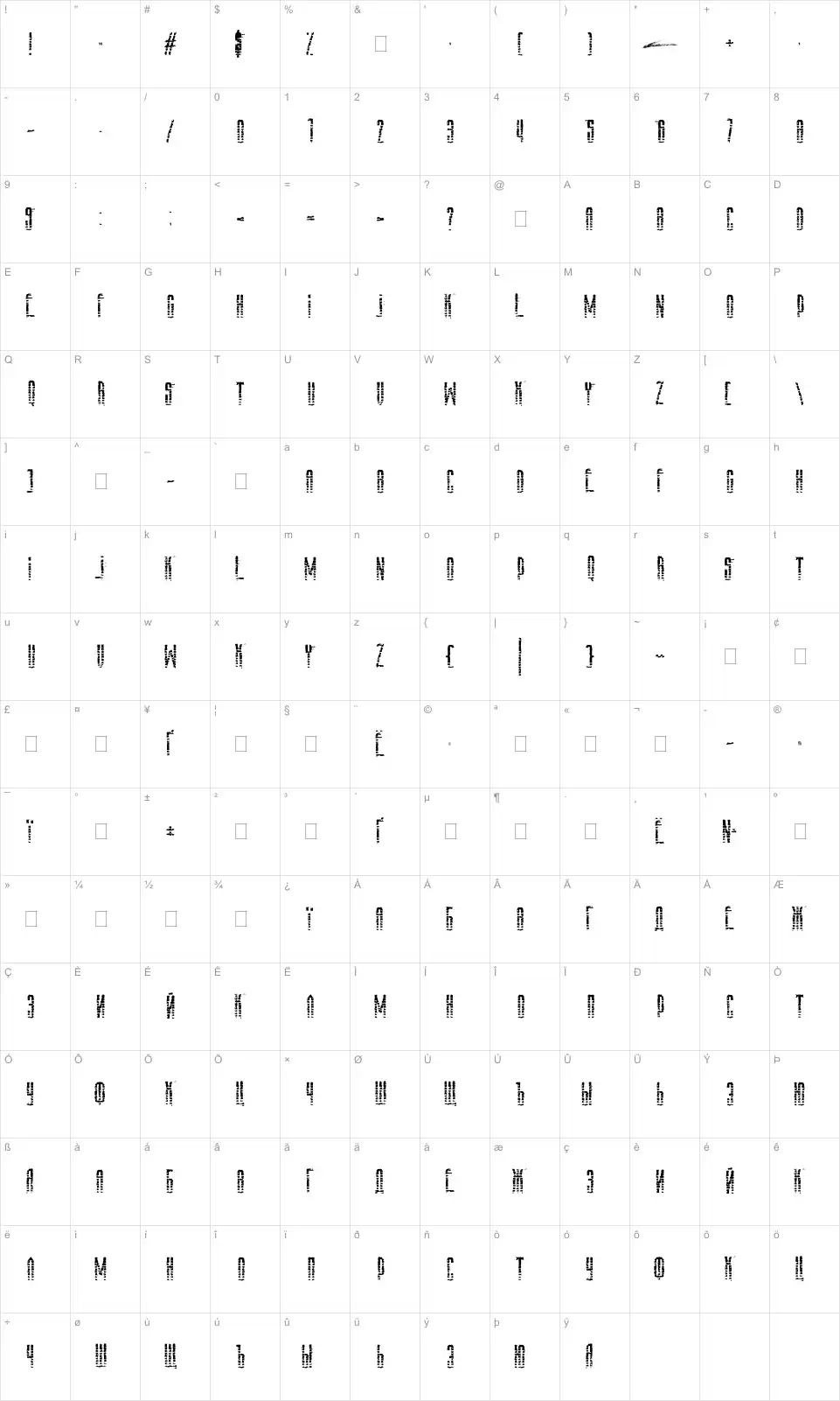 Mapa de caracteres da fonte Amaz Stalker