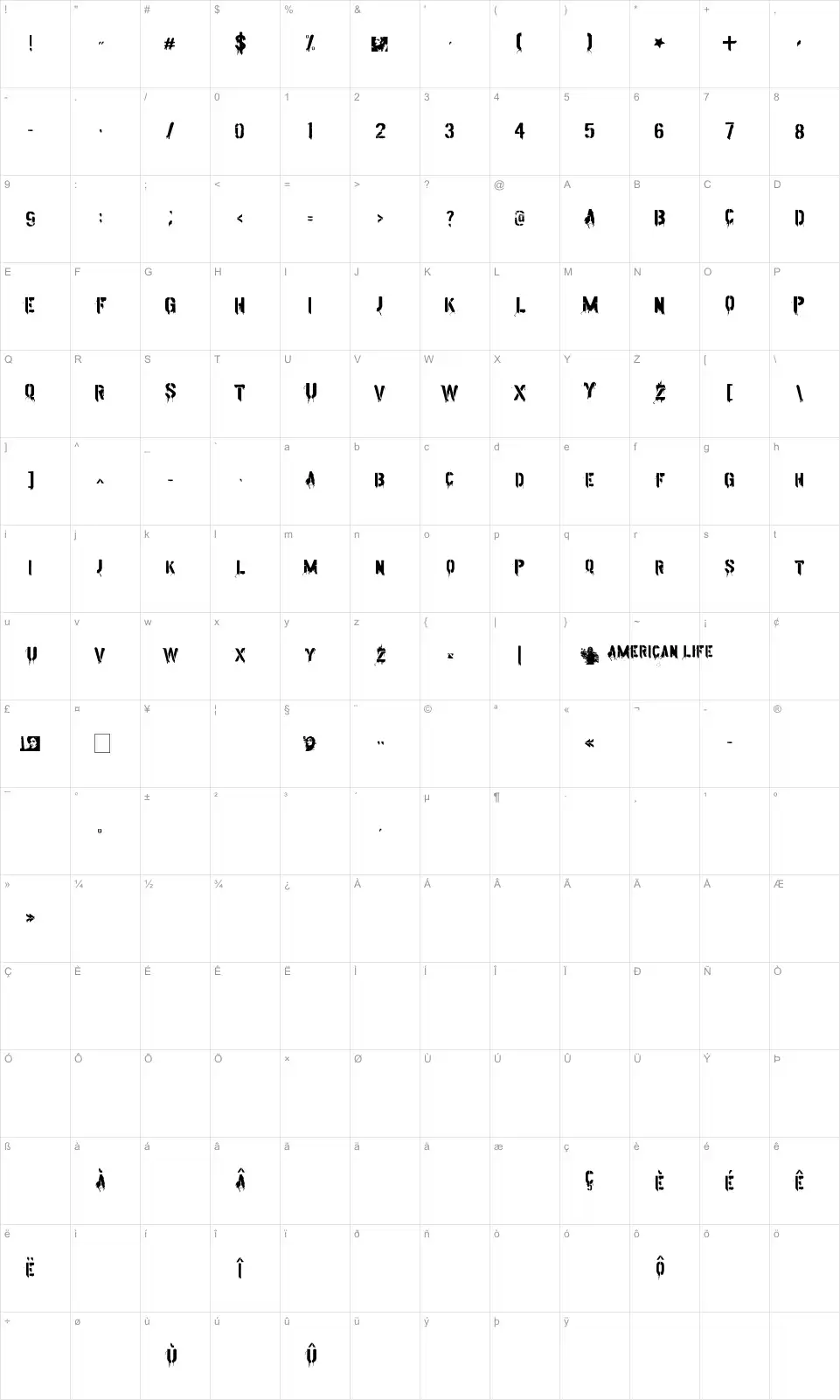 Mapa de caracteres da fonte American Life