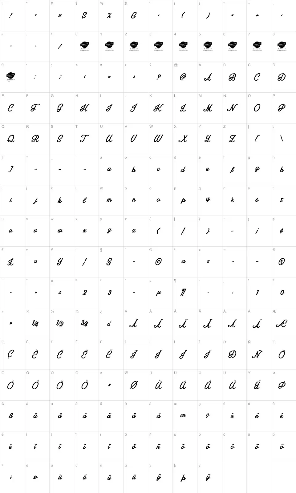 Mapa de caracteres da fonte Amplify